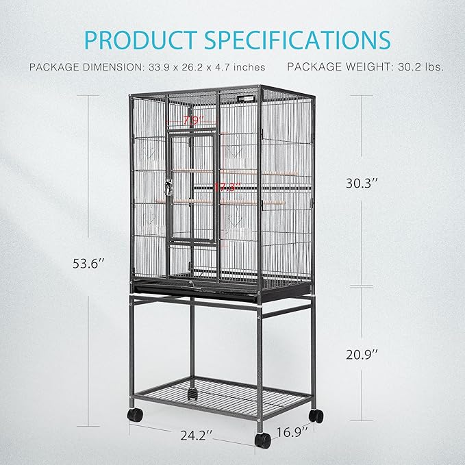 VIVOHOME 54 Inch Wrought Iron Large Bird Flight Cage with Rolling Stand for Parakeets Canaries Cockatiels Lovebirds Conures, Black