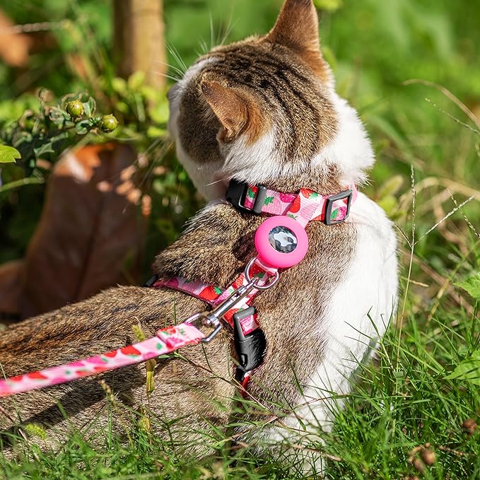 Cat Harness and Leash Escape Proof for Walking Travel Outdoor - Cute Strawberry Nylon Adjustable Cute Cat Harness Leash Set with Airtag Holder for Small Large Cats