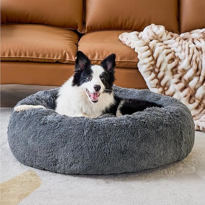 Bedsure Calming Dog Bed for Large Dogs - Donut Washable Large Pet Bed, 36 inches Anti Anxiety Round Fluffy Plush Faux Fur Dog Bed, Fits up to 100 lbs Pets, Dark Grey