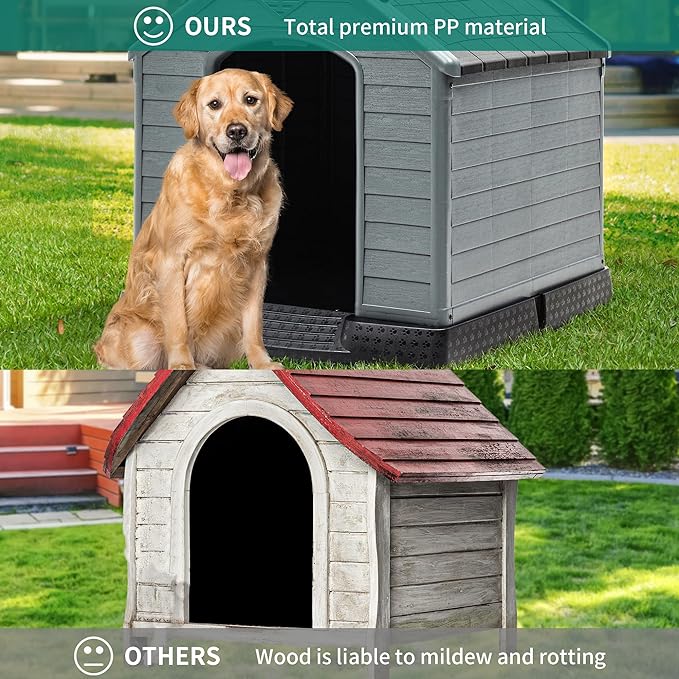 YITAHOME 41'' Large Plastic Dog House Outdoor Indoor Doghouse Puppy Shelter Water Resistant Easy Assembly Sturdy Dog Kennel with Air Vents and Elevated Floor (41''L*38''W*39''H, Black+Gray)