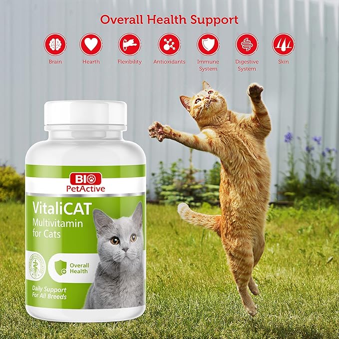 VitaliCAT Multivitamin for Cats, Skin and Coat Supplement, Cat Prenatal Health Supplies, Vitamin A + E + B9 + B5 + H + Biotin + Amino Acids for Cats, 150 Chewable Tablets