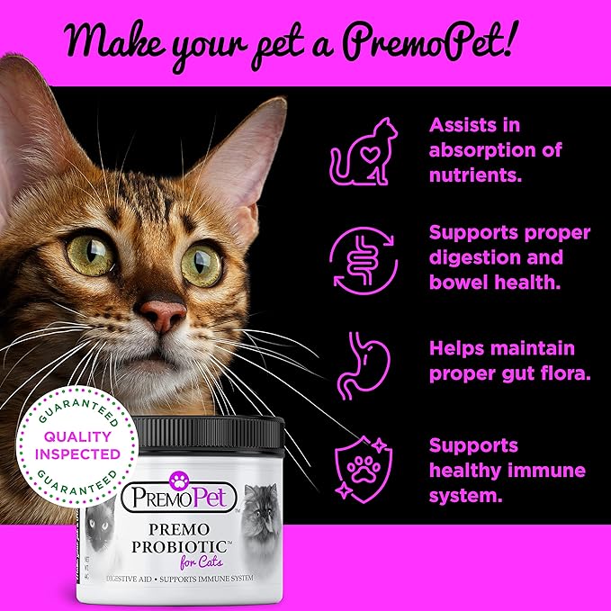 PROBIOTIC for Cats – 120 Servings - Premo Pet – Digestive Aid Plus Prebiotics - Best for Diarrhea, Vomiting, Gas, Skin Conditions – Tasteless – Wheat & Dairy Free – GMP – Vet Approved