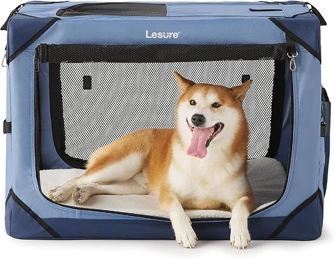 Lesure Collapsible Dog Crate - Portable Dog Travel Crate Kennel for Medium Dog, 4-Door Pet Crate with Durable Mesh Windows, Indoor & Outdoor (Blue)