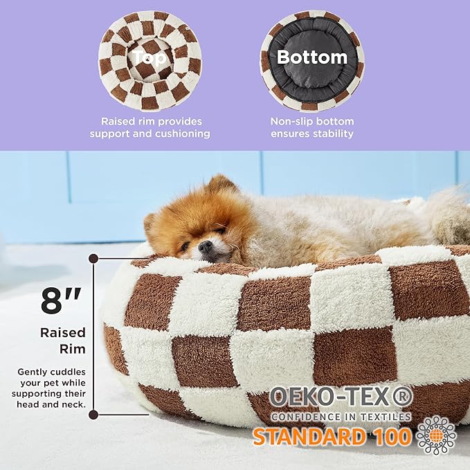 Lesure Donut Small Dog Bed - Round Cat Beds for Indoor Cats Anti-Anxiety Calming Pet Beds, Washable Cute Modern Beds with Teddy Sherpa Plush & Anti Slip Bottom Brwon