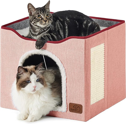 Bedsure Cat Beds for Indoor Cats - Large Cat Cave for Pet Cat House with Fluffy Ball Hanging and Scratch Pad, Foldable Cat Hideaway,16.5x16.5x13 inches, Pink