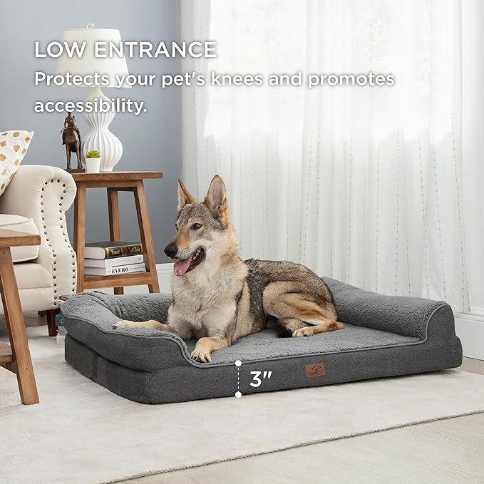 Bedsure Memory Foam Dog Bed for Extra Large Dogs - Orthopedic Egg Foam Dog Sofa Bed with Soft Sherpa Surface, Pet Couch with Removable Washable Cover, Waterproof Layer and Nonskid Bottom, Dark Grey