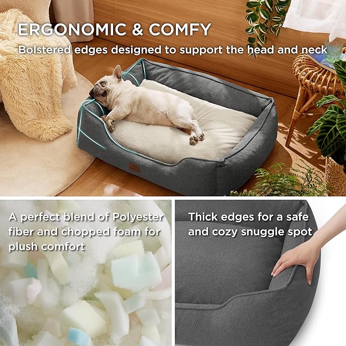 Bedsure Washable Dog Bed for Small Dogs - Waterproof All-Season Foam Puppy Beds, Orthopedic Rectangle Cuddle Indoor Cat Beds with Removable Zipper Cover, 25x21x8inches, Grey