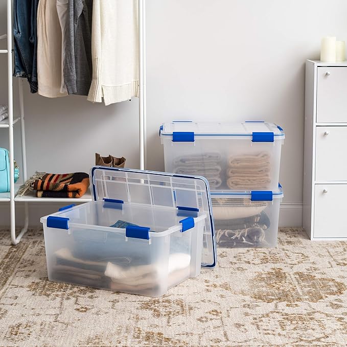 IRIS USA 60 Qt Storage Box with Gasket Seal Lid, 3 Pack - BPA-Free, Made in USA - Heavy Duty Moving Containers with Tight Latch, Weather Proof Tote Bin, WEATHERPRO - Clear/Blue