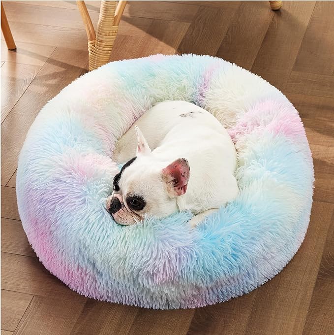 Bedsure Calming Dog Bed for Small Dogs - Donut Washable Small Pet Bed, Round Anti-Slip Fluffy Plush Faux Fur Large Cat Bed, Fits up to 25 lbs Pets, Multi-Colored, 23 inches