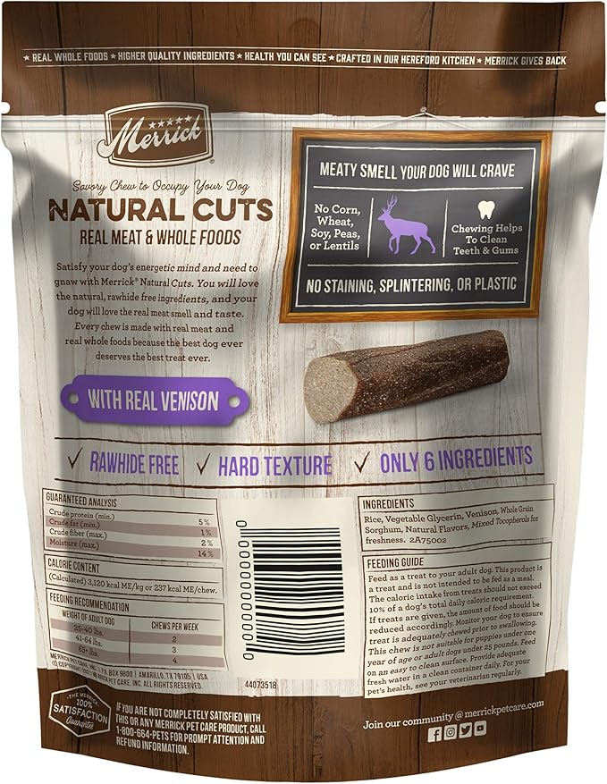 Merrick Natural Cuts Chicken Free Non Rawhide Medium Dog Treats, Hard Texture Chew Sticks With Venison - 4 ct. Pouch