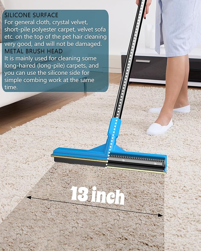 57''Pet Hair Removal Tool,Adjustable Long Handle Carpet Rake Cat Dog Hair Remover,Innovative Design Pet Hair Deep Carpet Cleaner Scraper for Fur Rug,Stairs,Couch& Hard-to-Reach Places (Extra Large)