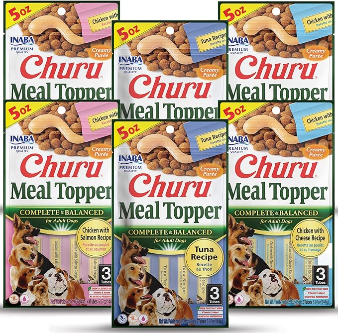 INABA Churu for Dogs, Grain-Free, Lickable, Squeezable Creamy Purée Dog Treat/Topper with Vitamin E, 1.69 Ounces Each Tube, 18 Tubes Total (3 per Pack) (3 Flavor Variety)