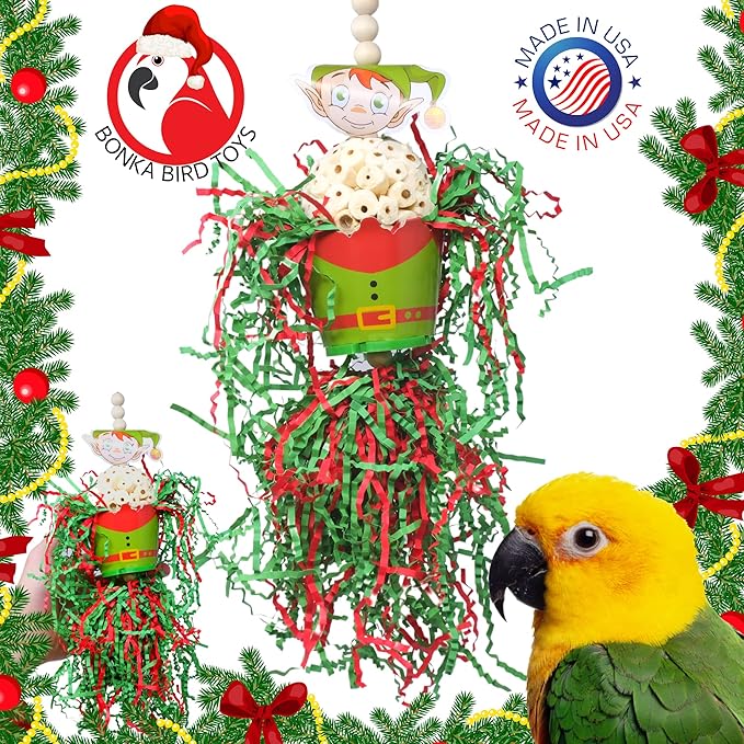 Bonka Bird Toys Christmas Elf Santa Snowman Reindeer Natural Sola Chew Forage Small Medium Bird Toy Cockatiel Parakeet Conures and Other Similar Birds (2434 Elf)