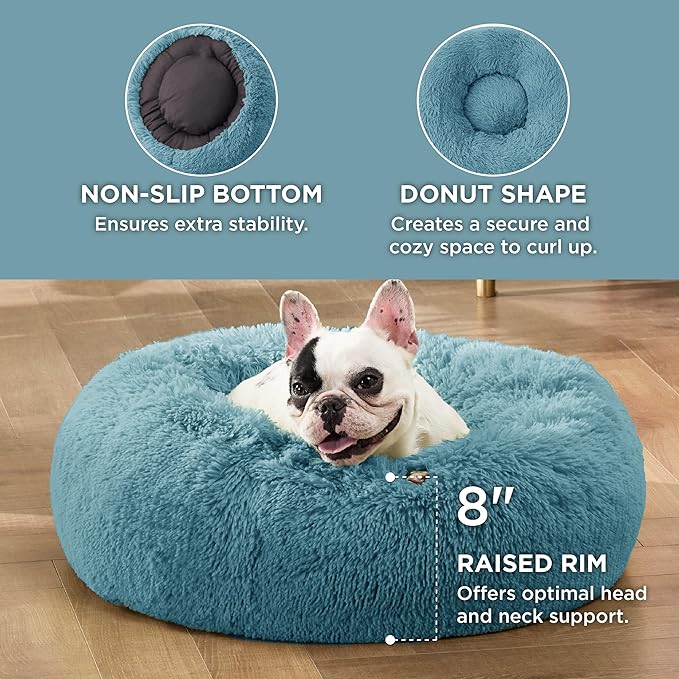 Bedsure Calming Dog Bed for Small Dogs - Donut Washable Small Pet Bed, 23 inches Anti-Slip Round Fluffy Plush Faux Fur Large Cat Bed, Fits up to 25 lbs Pets, Washed Blue