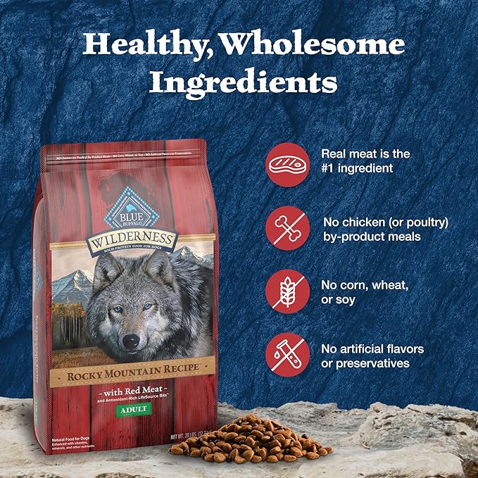 Blue Buffalo Wilderness Rocky Mountain Recipe High-Protein Adult Dry Dog Food, Made in the USA with Natural Ingredients Plus Wholesome Grains, Red Meat, 28-lb. Bag