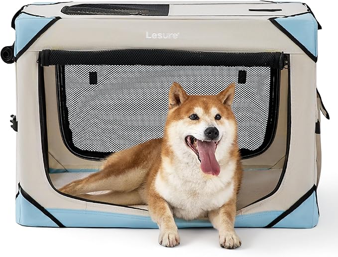 Lesure Collapsible Dog Crate - Portable Dog Travel Crate Kennel for Medium Dog, 4-Door Pet Crate with Durable Mesh Windows, Indoor & Outdoor (Beige)