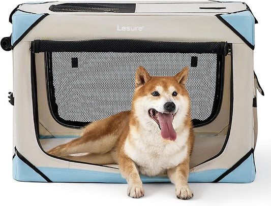 Lesure Collapsible Dog Crate - Portable Dog Travel Crate Kennel for Medium Dog, 4-Door Pet Crate with Durable Mesh Windows, Indoor & Outdoor (Beige)