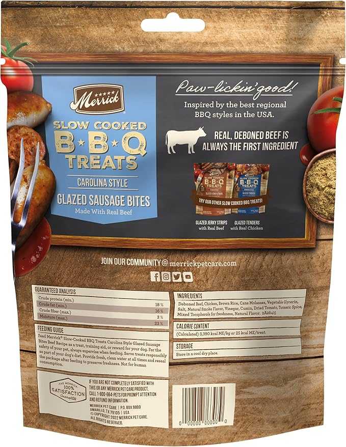 Merrick Chewy Dog Treats, Slow Cooked BBQ Beef Dog Treats, Carolina Style Glazed Sausage Bites, Beef Dog Chews - 10 oz. Pouch