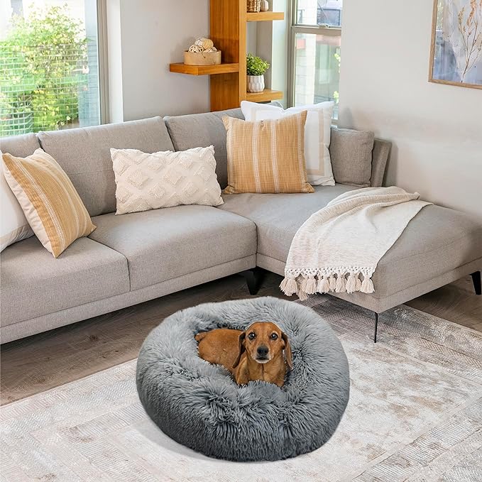 Best Friends by Sheri The Original Calming Donut Cat and Dog Bed in Shag Fur Gray, Small 23"