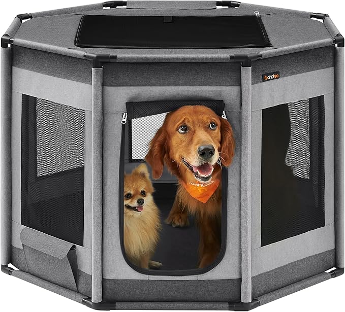 Feandrea Dog Playpen, Oxford Fabric Dog Fence, Octagon Dog Crate, XL, 44.1 x 44.1 x 30 Inches, PVC Pipe Frame, Breathable Mesh, Double Openings, Dove Gray and Slate Gray UPDC006G01