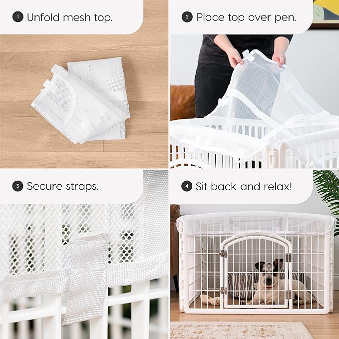 IRIS USA Dog Playpen Mesh Top, 46" x 46" Top Cover for IRIS USA 4-Panel Pet Playpen, Washable, Durable, Nylon Mesh Material, Playpen Not Included, White