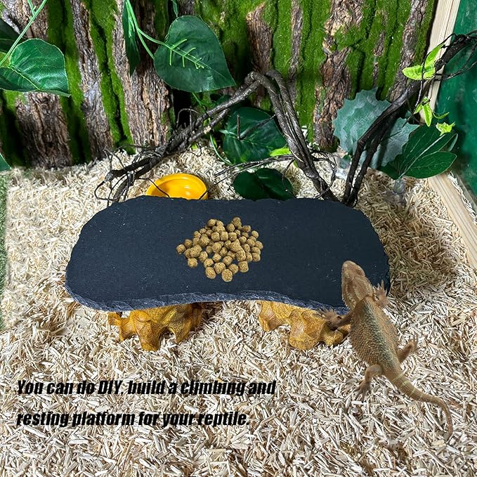 Reptile Basking Platform 13.7''x8.3'' Turtle Rock Slate Feeding Bowl Food Dish Feeding Plate TortoiseBathing Resting Platform for Lizard Gecko Bearded Dragon Chameleon Snake Frog