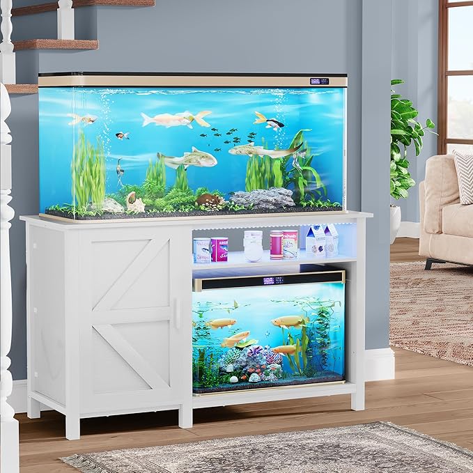 YITAHOME Aquarium Stand with Power Outlets, 55-75 Gallon Fish Tank Stand, Cabinet with RGB Light Strip Suitable for Turtle Tank, Reptile Terrarium, 900LBS Capacity,White