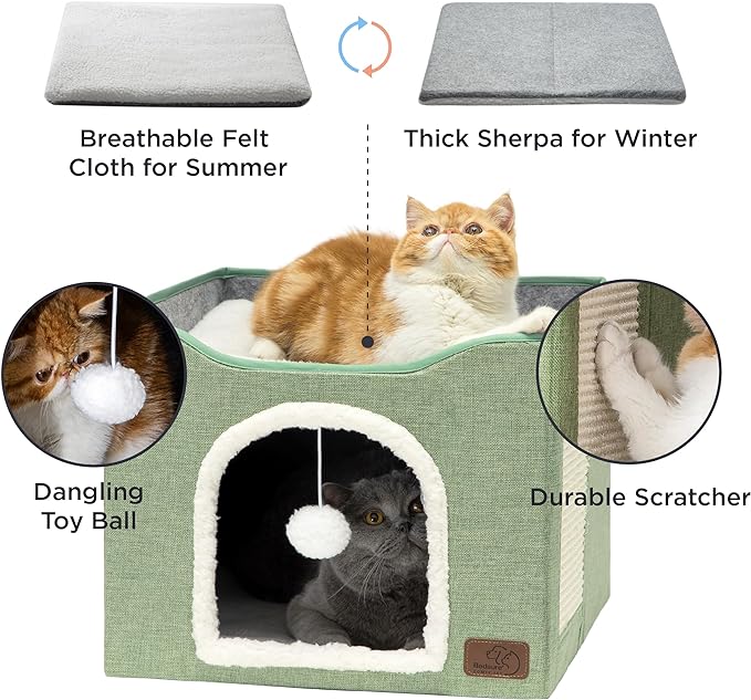 Bedsure Cat Beds for Indoor Cats - Large Cat Cave for Pet Cat House with Fluffy Ball Hanging and Scratch Pad, Foldable Cat Hideaway,16.5x16.5x13 inches, Green