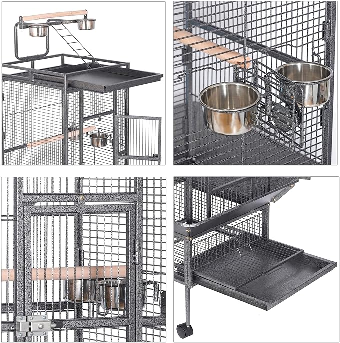 HSM 63 Inch Wrought Iron Large Bird Flight Cage with Rolling Stand for African Grey Parrot Cockatiel Sun Parakeet Conure Lovebird Canary…