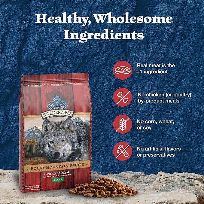 Blue Buffalo Wilderness Rocky Mountain Recipe High-Protein Adult Dry Dog Food, Made in the USA with Natural Ingredients Plus Wholesome Grains, Red Meat, 24-lb. Bag