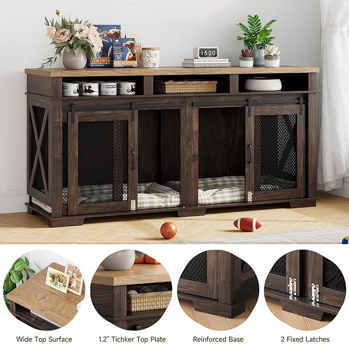 71" Extra Large Dog Crate Furniture,Wooden Double Dog Crates Kennel Cage,Furniture Style TV Stand Side End Table for 2 Dogs with Removable Divider for Large Dogs,Dark Walnut/Light