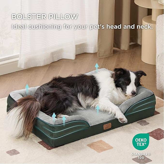 Bedsure Orthopedic Dog Bed for Large Dogs - Big Washable Dog Sofa Beds Large, Supportive Foam Pet Couch Bed with Removable Washable Cover, Waterproof Lining and Nonskid Bottom, Dark Green