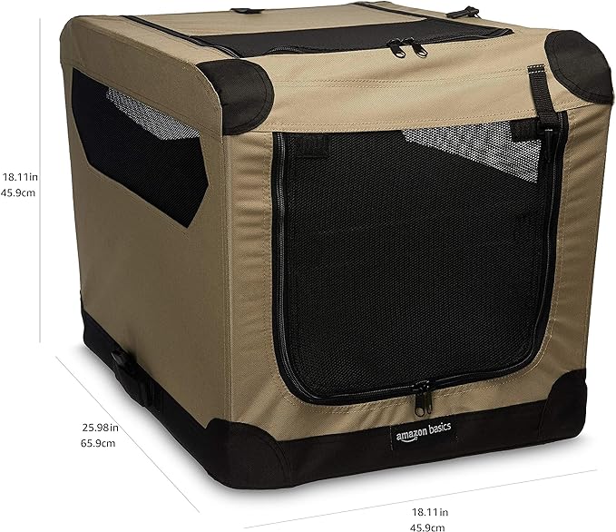 Amazon Basics - 2-Door Portable Soft-Sided Folding Soft Dog Travel Crate Kennel, Small, Tan, 26.0"L x 18.1"W x 18.1"H