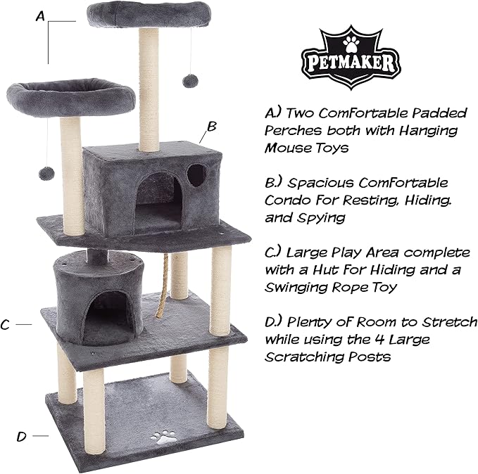 PETMAKER 5-Tier Ultimate Cat Condo Tower - 8 Scratching Posts, 2 Padded Perches, 2 Kitty Huts, and 3 Hanging Toys for Multiple Cats