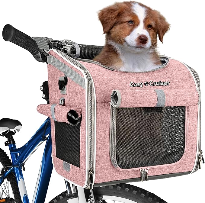 Dog Bike Basket, Expandable Soft-Sided Reflective Pet Carrier Backpack with 4 Open Doors, 4 Mesh Windows for Medium Small Dog Cat Puppies - Pink (Pink)