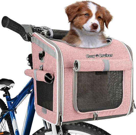 Dog Bike Basket, Expandable Soft-Sided Reflective Pet Carrier Backpack with 4 Open Doors, 4 Mesh Windows for Medium Small Dog Cat Puppies - Pink (Pink)