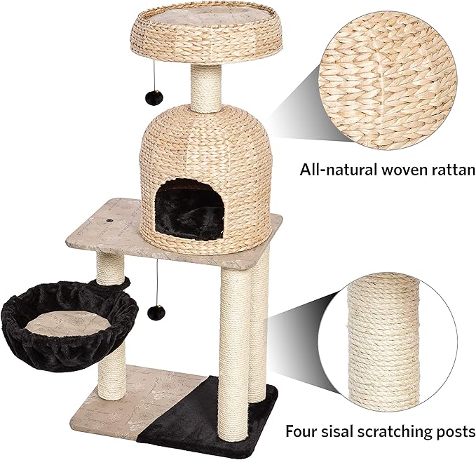 MidWest Homes for Pets Cat Tree | Reid Cat Furniture, 3-Tier Cat Activity Tree w/ Sisal Wrapped Support Scratching Posts & Dangle Play Balls, Woven Rattan & Script Medium Cat Tree