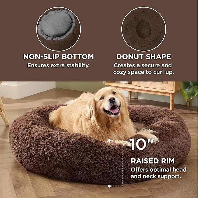 Bedsure Calming Dog Bed for Extra Large Dogs - Donut Washable Large Pet Bed, Anti-Slip Round Fluffy Plush Faux Fur Dog Bed, Fits up to 125 lbs Pets, Brown, 45 inches