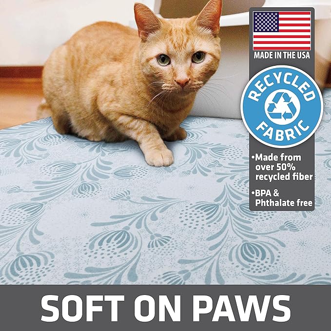 Drymate Original Cat Litter Mat, Contains Mess from Box, Protects Floors, Urine-Proof, Machine Washable, Soft on Kitty Paws, Absorbent, Waterproof (USA Made, Recycled Content) (29”x36”)(Blue Floral)