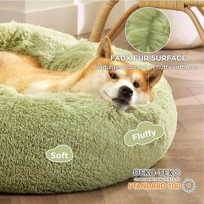 Bedsure Calming Dog Bed for Medium Dogs - Donut Washable Medium Pet Bed, Anti-Slip Round Fluffy Plush Faux Fur Cat Bed, Fits up to 45 lbs Pets, Green, 30 inches