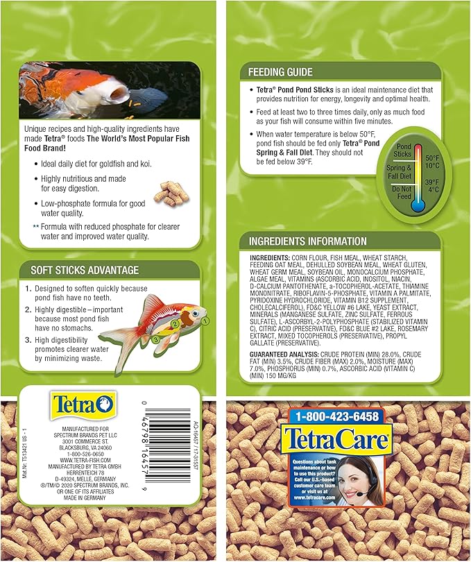 Tetra Pond Sticks, Koi Fish & Goldfish Food, Soft Sticks, Easy to Digest Floating Pond Fish Food, 11 pounds