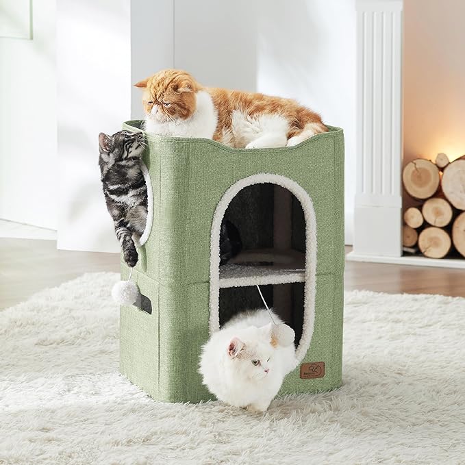 Bedsure 2-Level Cat House for Indoor Cats - Small Cat Towers with Scratch Pad and Hideaway Condo, Cat Cave Bed Furniture for Multi Pets and Large Cats, 18x14x23 inches, Green