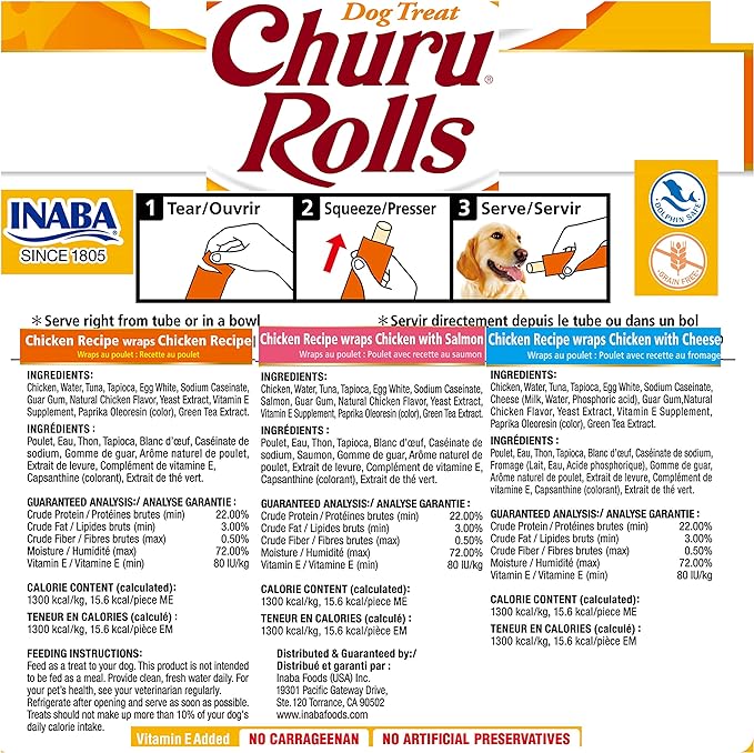 INABA Churu Rolls for Dogs, Grain-Free, Soft/Chewy Baked Chicken Wrapped Churu Filled Dog Treats, 0.42 Ounces Each Stick| 24 Stick Treats Total, 3 Flavor Variety Pack (24 Sticks)