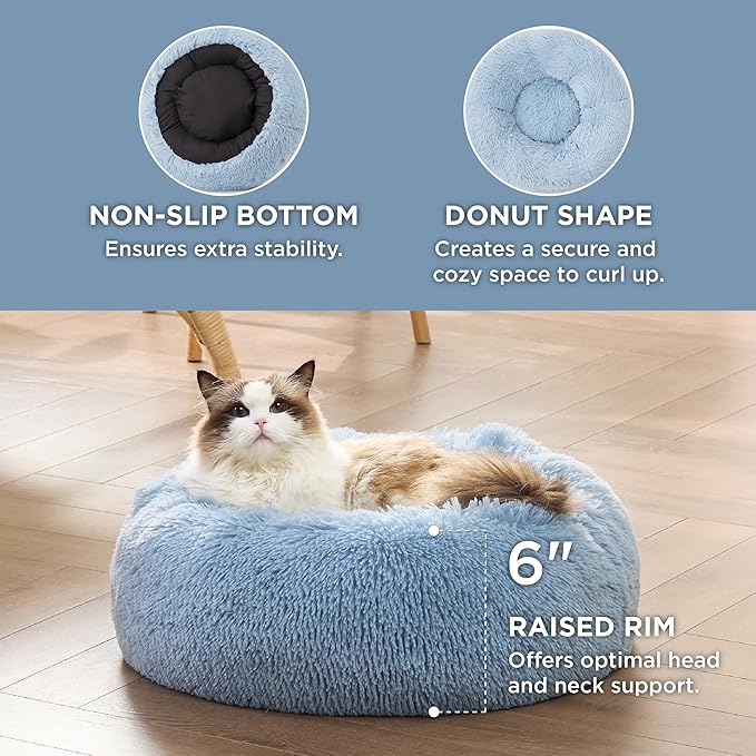 Bedsure Calming Cat Bed for Indoor Cats - Small Washable Round Cat Bed, Anti-Slip Fluffy Plush Faux Fur Pet Bed, Fits up to 15 lbs Pets, Blue, 20 inches