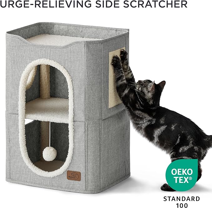 Bedsure 2-Level Cat House for Indoor Cats - Small Cat Towers with Scratch Pad and Hideaway Condo, Cat Cave Bed Furniture for Multi Pets and Large Cats, 18x14x23 inches, Grey