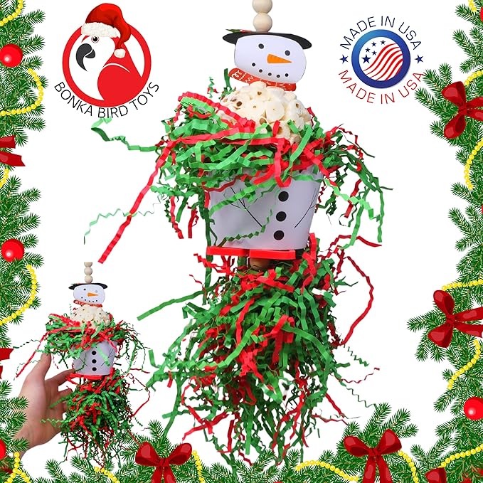 Bonka Bird Toys Christmas Elf Santa Snowman Reindeer Natural Sola Chew Forage Small Medium Bird Toy Cockatiel Parakeet Conures and Other Similar Birds (2436 Snowman)