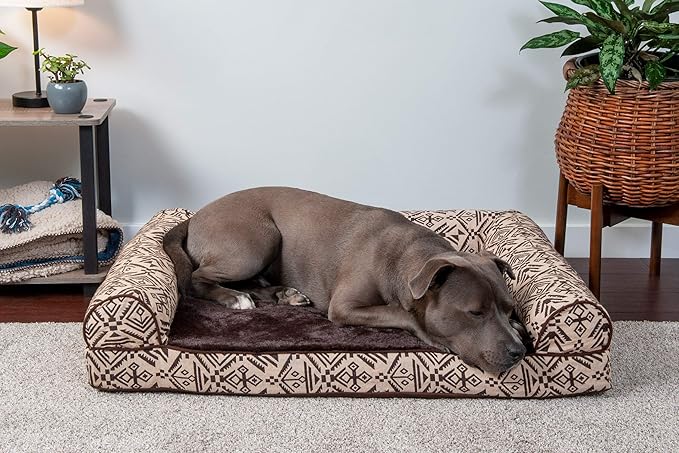 Furhaven Orthopedic Dog Bed for Large/Medium Dogs w/ Removable Bolsters & Washable Cover, For Dogs Up to 55 lbs - Plush & Southwest Kilim Woven Decor Sofa - Desert Brown, Large