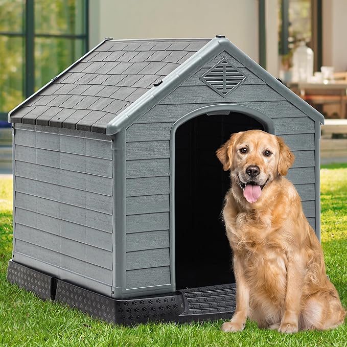 YITAHOME 41'' Large Plastic Dog House Outdoor Indoor Doghouse Puppy Shelter Water Resistant Easy Assembly Sturdy Dog Kennel with Air Vents and Elevated Floor (41''L*38''W*39''H, Black+Gray)