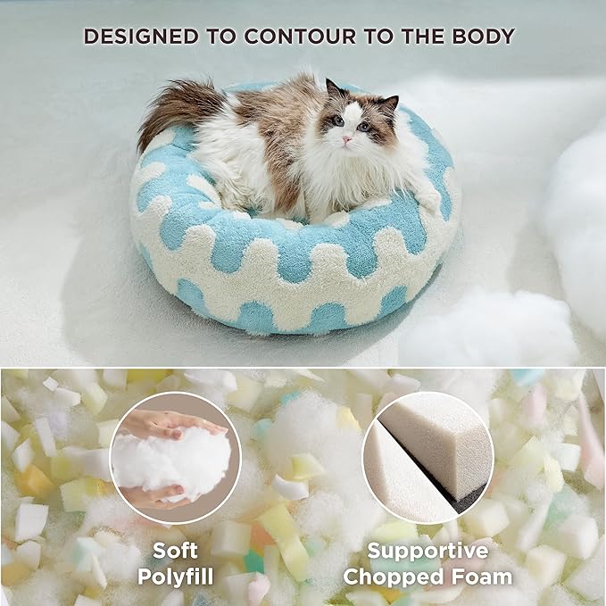 Lesure Donut Small Dog Bed - Round Cat Beds for Indoor Cats Anti-Anxiety Calming Pet Beds, Washable Cute Modern Beds with Teddy Sherpa Plush & Anti Slip Bottom Light Blue