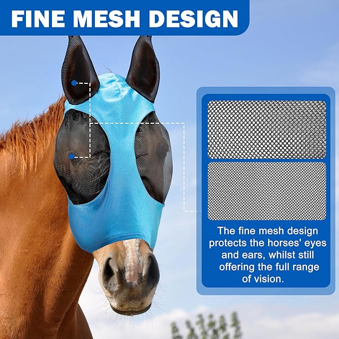 Masks for Horses, Safe and Breathable Horse Fly Masks with Ears, Shade and Cooling to Protect The Horse's face from Disturbance, Blue L